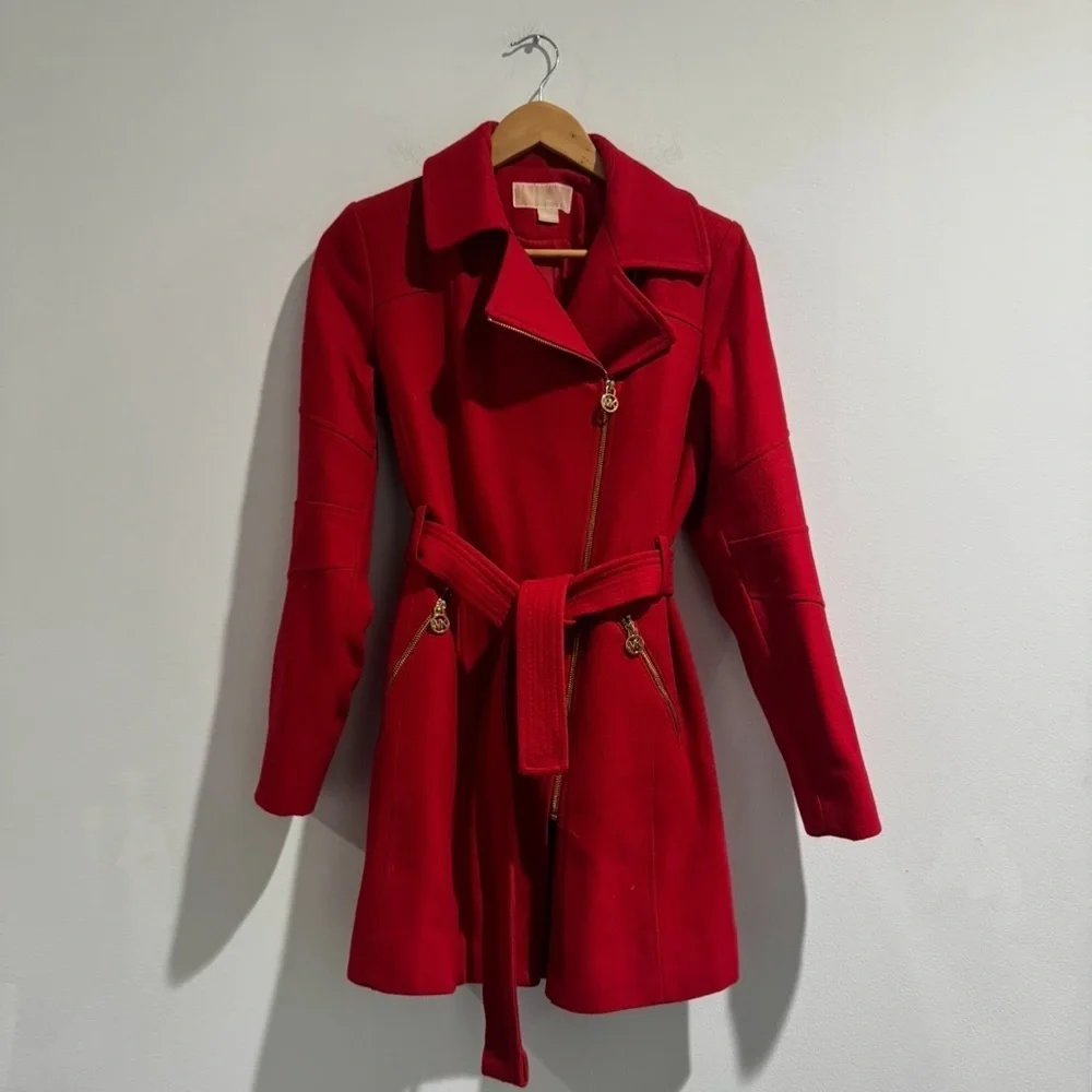 Michael Kors Red Belted Zip Wool Coat – Gold Hardware Small Designer Winter Coat